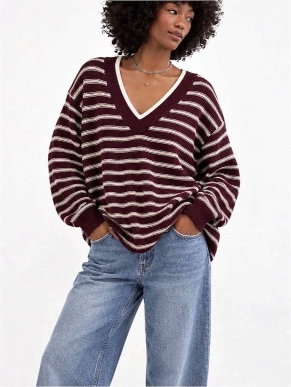 American Eagle Oversize Striped V-Neck Sweater